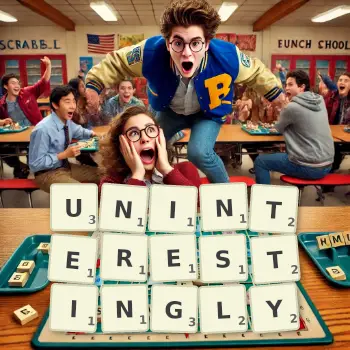 Creative illustration for a Scrabble game with the word UNINTERESTINGLY spelled out in tiles on the board.