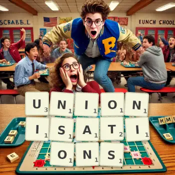 Creative illustration for a Scrabble game with the word UNIONISATIONS spelled out in tiles on the board.
