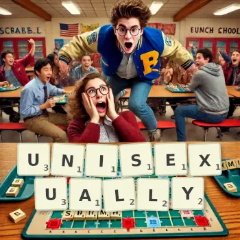 Creative illustration for a Scrabble game with the word UNISEXUALLY spelled out in tiles on the board.