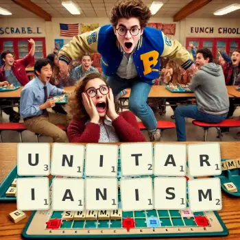 Creative illustration for a Scrabble game with the word UNITARIANISM spelled out in tiles on the board.