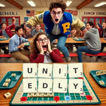 Creative illustration for a Scrabble game with the word UNITEDLY spelled out in tiles on the board.