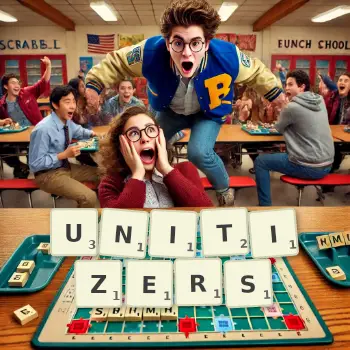 Creative illustration for a Scrabble game with the word UNITIZERS spelled out in tiles on the board.
