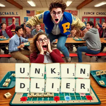 Creative illustration for a Scrabble game with the word UNKINDLIER spelled out in tiles on the board.