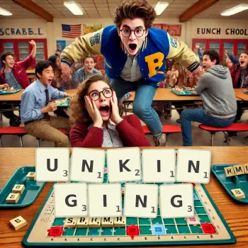 Creative illustration for a Scrabble game with the word UNKINGING spelled out in tiles on the board.