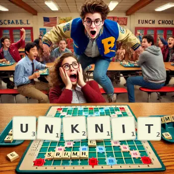 Creative illustration for a Scrabble game with the word UNKNIT spelled out in tiles on the board.