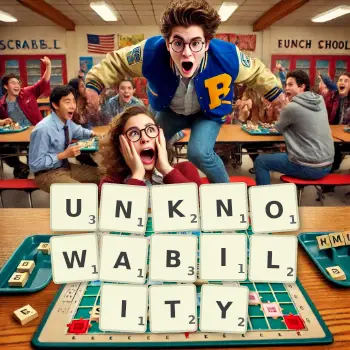 Creative illustration for a Scrabble game with the word UNKNOWABILITY spelled out in tiles on the board.
