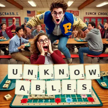 Creative illustration for a Scrabble game with the word UNKNOWABLES spelled out in tiles on the board.