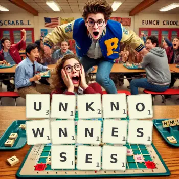 Creative illustration for a Scrabble game with the word UNKNOWNNESSES spelled out in tiles on the board.