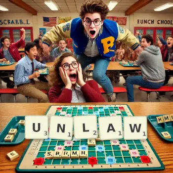 Creative illustration for a Scrabble game with the word UNLAW spelled out in tiles on the board.
