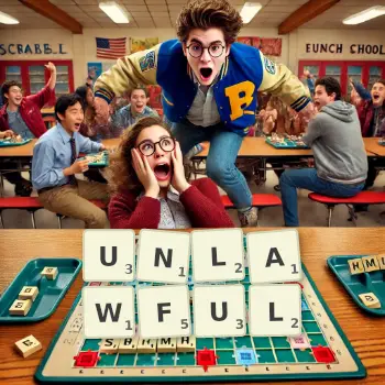 Creative illustration for a Scrabble game with the word UNLAWFUL spelled out in tiles on the board.