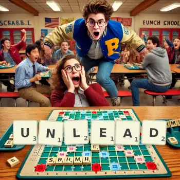 Creative illustration for a Scrabble game with the word UNLEAD spelled out in tiles on the board.
