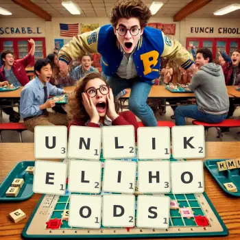 Creative illustration for a Scrabble game with the word UNLIKELIHOODS spelled out in tiles on the board.