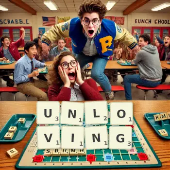 Creative illustration for a Scrabble game with the word UNLOVING spelled out in tiles on the board.