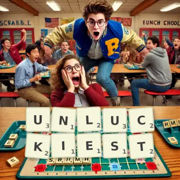 Creative illustration for a Scrabble game with the word UNLUCKIEST spelled out in tiles on the board.