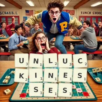 Creative illustration for a Scrabble game with the word UNLUCKINESSES spelled out in tiles on the board.