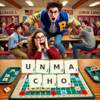 Creative illustration for a Scrabble game with the word UNMACHO spelled out in tiles on the board.
