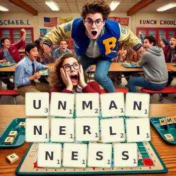 Creative illustration for a Scrabble game with the word UNMANNERLINESS spelled out in tiles on the board.