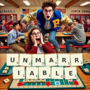 Creative illustration for a Scrabble game with the word UNMARRIABLE spelled out in tiles on the board.