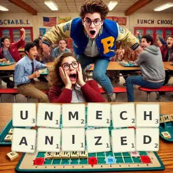 Creative illustration for a Scrabble game with the word UNMECHANIZED spelled out in tiles on the board.