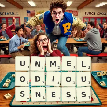 Creative illustration for a Scrabble game with the word UNMELODIOUSNESS spelled out in tiles on the board.