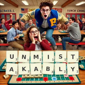 Creative illustration for a Scrabble game with the word UNMISTAKABLY spelled out in tiles on the board.