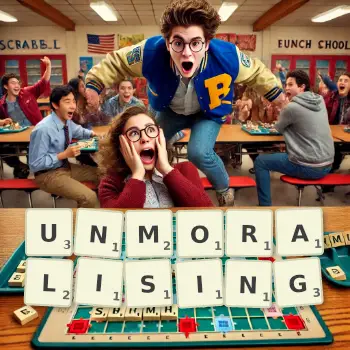 Creative illustration for a Scrabble game with the word UNMORALISING spelled out in tiles on the board.