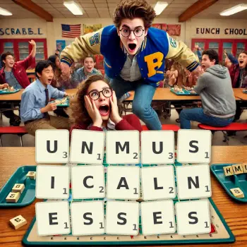 Creative illustration for a Scrabble game with the word UNMUSICALNESSES spelled out in tiles on the board.