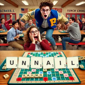 Creative illustration for a Scrabble game with the word UNNAIL spelled out in tiles on the board.