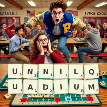 Creative illustration for a Scrabble game with the word UNNILQUADIUM spelled out in tiles on the board.