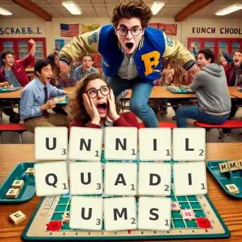 Creative illustration for a Scrabble game with the word UNNILQUADIUMS spelled out in tiles on the board.