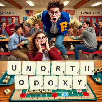 Creative illustration for a Scrabble game with the word UNORTHODOXY spelled out in tiles on the board.