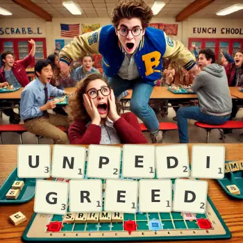Creative illustration for a Scrabble game with the word UNPEDIGREED spelled out in tiles on the board.