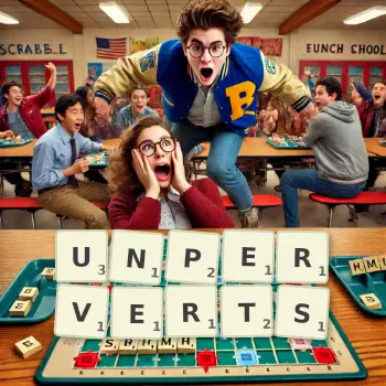 Creative illustration for a Scrabble game with the word UNPERVERTS spelled out in tiles on the board.