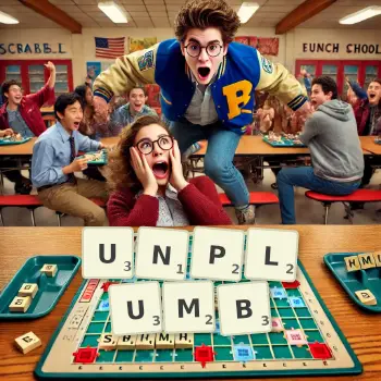 Creative illustration for a Scrabble game with the word UNPLUMB spelled out in tiles on the board.