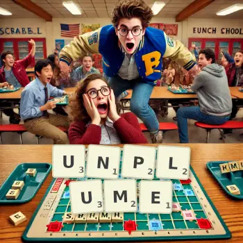 Creative illustration for a Scrabble game with the word UNPLUME spelled out in tiles on the board.
