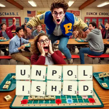 Creative illustration for a Scrabble game with the word UNPOLISHED spelled out in tiles on the board.