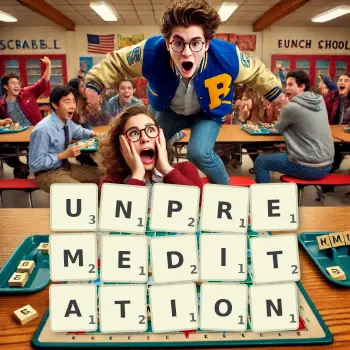 Creative illustration for a Scrabble game with the word UNPREMEDITATION spelled out in tiles on the board.