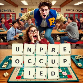 Creative illustration for a Scrabble game with the word UNPREOCCUPIED spelled out in tiles on the board.