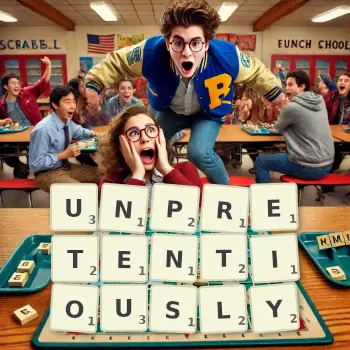 Creative illustration for a Scrabble game with the word UNPRETENTIOUSLY spelled out in tiles on the board.