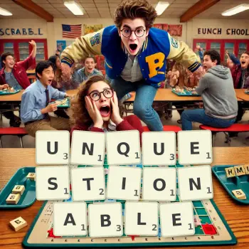 Creative illustration for a Scrabble game with the word UNQUESTIONABLE spelled out in tiles on the board.