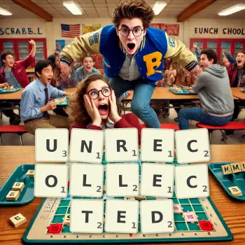 Creative illustration for a Scrabble game with the word UNRECOLLECTED spelled out in tiles on the board.