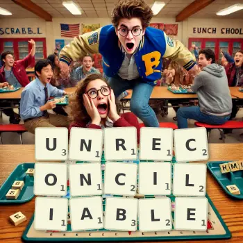 Creative illustration for a Scrabble game with the word UNRECONCILIABLE spelled out in tiles on the board.