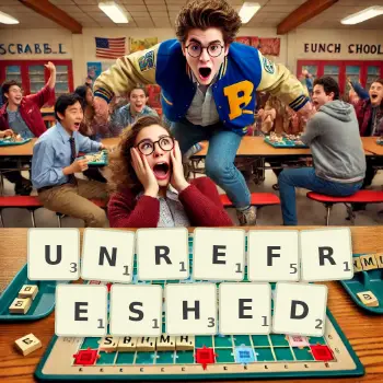 Creative illustration for a Scrabble game with the word UNREFRESHED spelled out in tiles on the board.