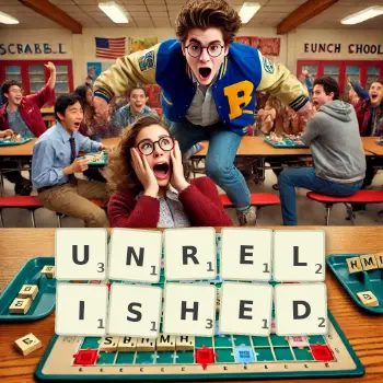 Creative illustration for a Scrabble game with the word UNRELISHED spelled out in tiles on the board.