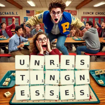 Creative illustration for a Scrabble game with the word UNRESTINGNESSES spelled out in tiles on the board.