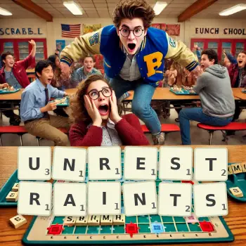 Creative illustration for a Scrabble game with the word UNRESTRAINTS spelled out in tiles on the board.
