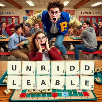 Creative illustration for a Scrabble game with the word UNRIDDLEABLE spelled out in tiles on the board.