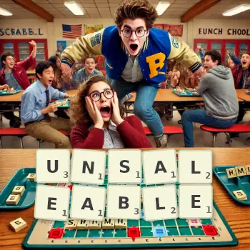Creative illustration for a Scrabble game with the word UNSALEABLE spelled out in tiles on the board.