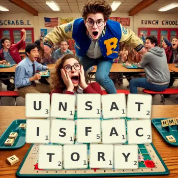 Creative illustration for a Scrabble game with the word UNSATISFACTORY spelled out in tiles on the board.