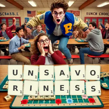 Creative illustration for a Scrabble game with the word UNSAVORINESS spelled out in tiles on the board.